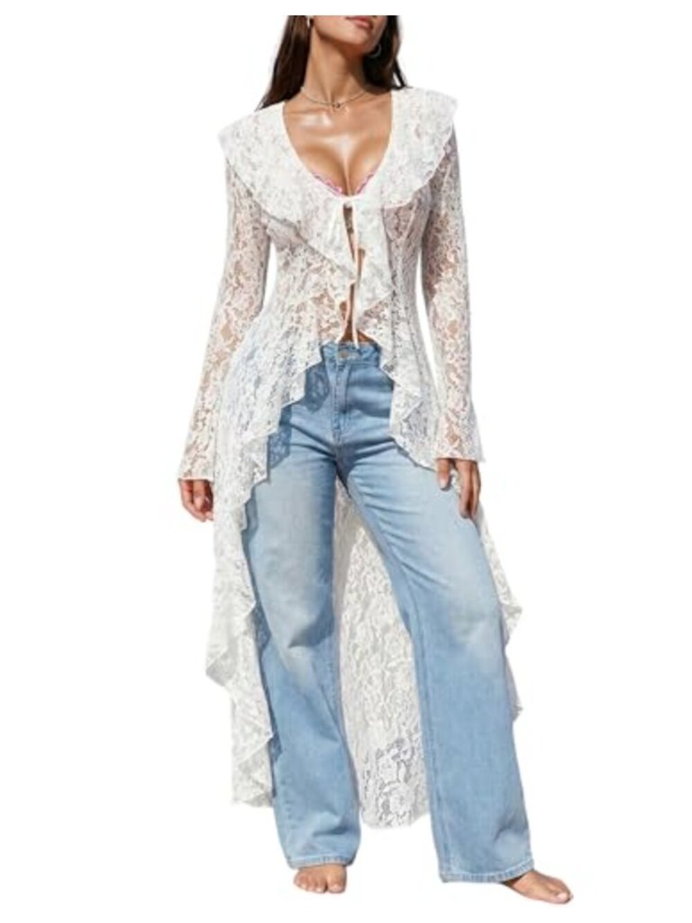 Womens Lace Cardigan Sheer Mesh Bell Sleeve Tie Front Maxi Duster